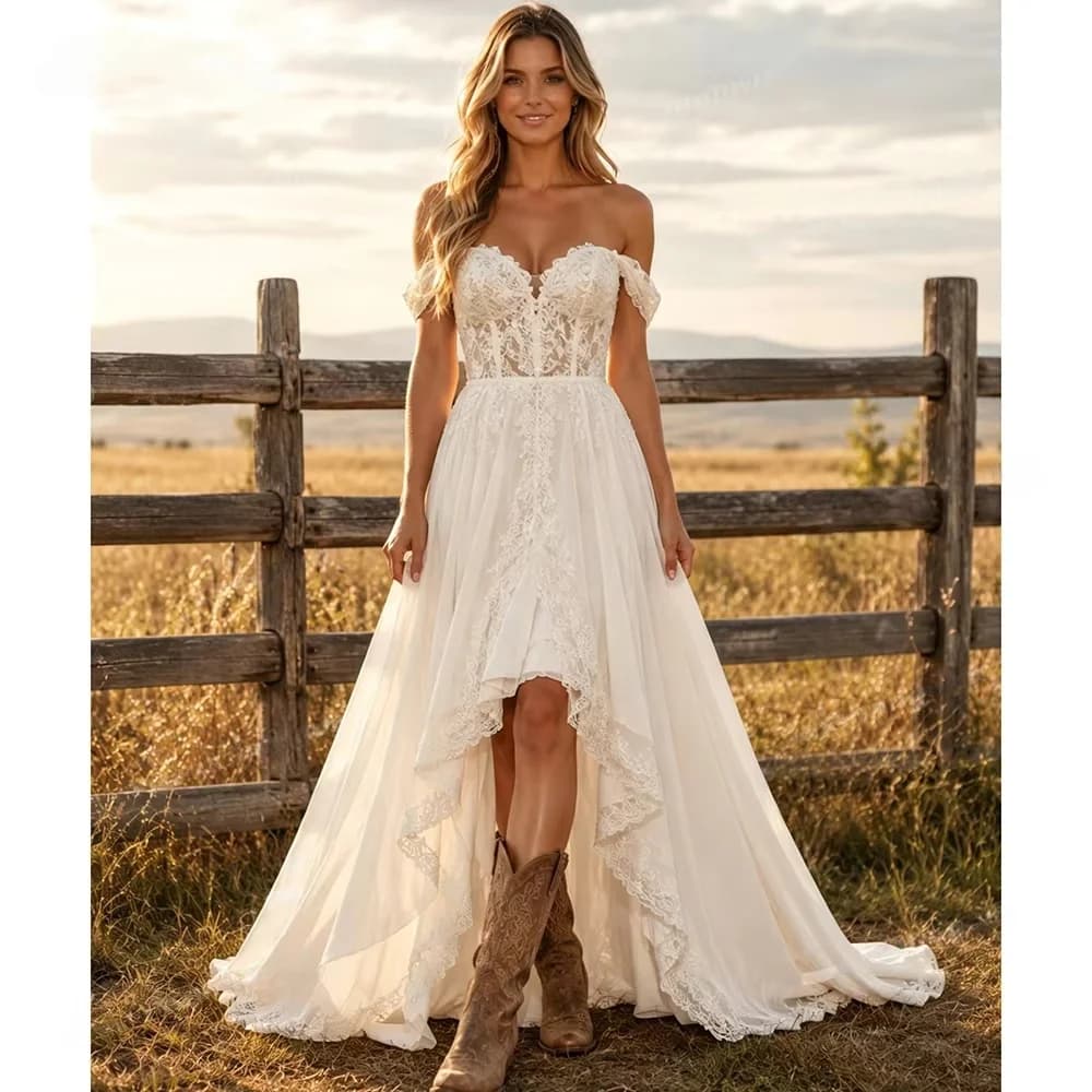 Customized Off The Shoulder A Line Sweet Village Boho Wedding Dresses For Bride Women High Low Lace Applique Chiffon Bridal Gown