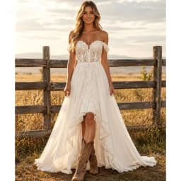 Customized Off The Shoulder A Line Sweet Village Boho Wedding Dresses For Bride Women High Low Lace Applique Chiffon Bridal Gown