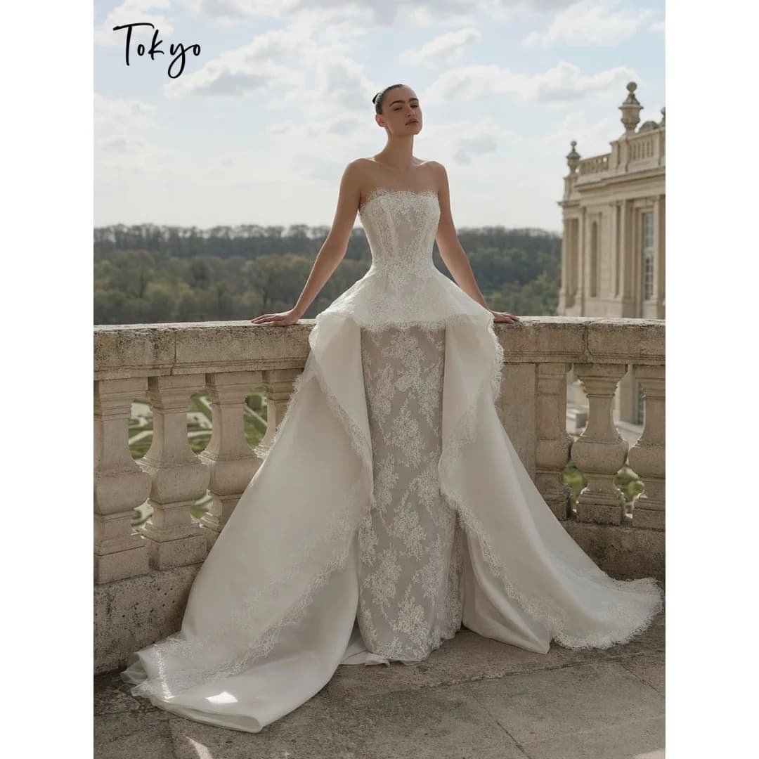 Tokyo Custom Strapless Lace Wedding Dress Ruffled Overlay Mermaid Bridal Gown Sweep Train Formal Evening Wedding Attire
