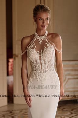 Anna Classic Halter Wedding Dress Woman Bride Sleeveless Appliques Satin Mermaid Zipper Brush Train Vestidos Customised