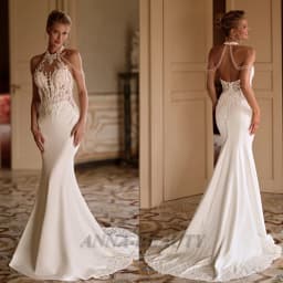 Anna Classic Halter Wedding Dress Woman Bride Sleeveless Appliques Satin Mermaid Zipper Brush Train Vestidos Customised