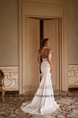 Anna Classic Halter Wedding Dress Woman Bride Sleeveless Appliques Satin Mermaid Zipper Brush Train Vestidos Customised