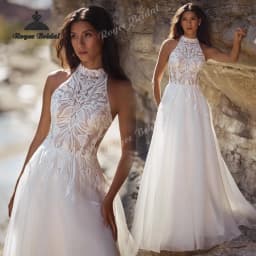 Elegant Halter Pearls Simple A Line Wedding Dresses 2027 Appliqué Flowers Lace Bridal Gown Customized Vestido De Novia