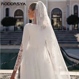 RODDRSYA O-Neck Lace Long Sleeve Wedding Dresses Button Back Satin And Tulle Bridal Gown With Appliques Civil Vestidos De Novia