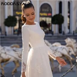 RODDRSYA O-Neck Lace Long Sleeve Wedding Dresses Button Back Satin And Tulle Bridal Gown With Appliques Civil Vestidos De Novia