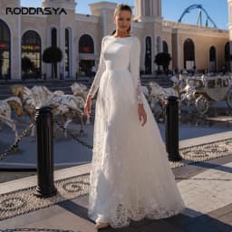 RODDRSYA O-Neck Lace Long Sleeve Wedding Dresses Button Back Satin And Tulle Bridal Gown With Appliques Civil Vestidos De Novia