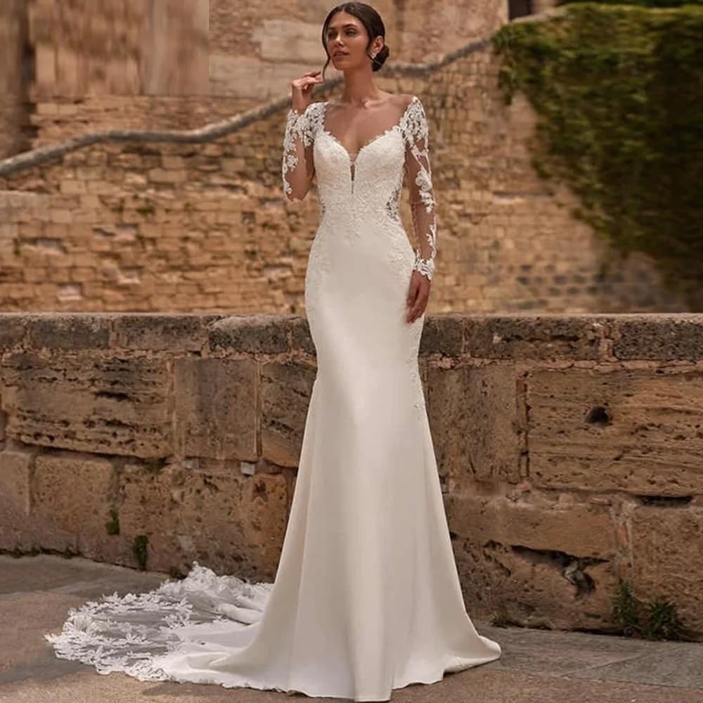 Sexy Sweetheart Long Sleeves Wedding Dress Customized Dreamy Appliques Tulle Bridal Gowns Modern Mermaid Jersey Vestido De Novia