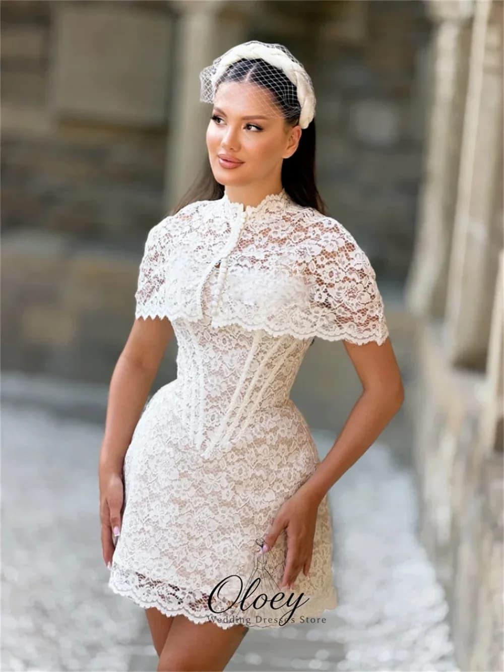 OLOEY Modern Lace High Neck A-Line Wedding Dresses For Woman Cape Sleeve Mini Bridal Gown Wedding Party Dress Customized