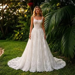 LIGI Square Neck Wide Strap A Line Wedding Dress Customized Floral Lace Beaded Applique Sweep Train Bridal Gown Garden Wedding
