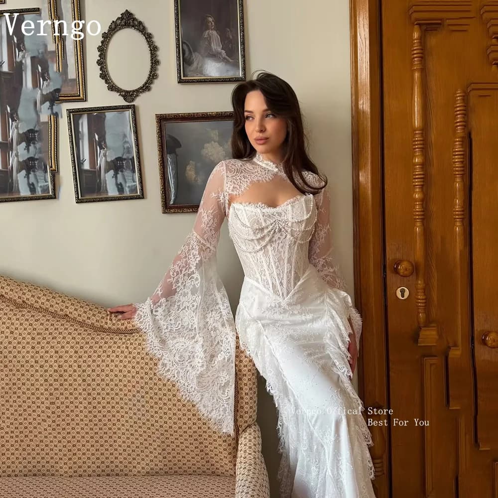 Verngo Luxury Lace Wedding Dress Full Sleeves Mermaid Bride Dress Elegant Pleated Bridal Gowns 2026 Customized
