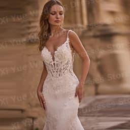 Gorgeous Mermaid Women's Lace Appliques Wedding Dresses Vestido De Novia Spaghetti Straps Bride Gowns Customized Robe De Mariée