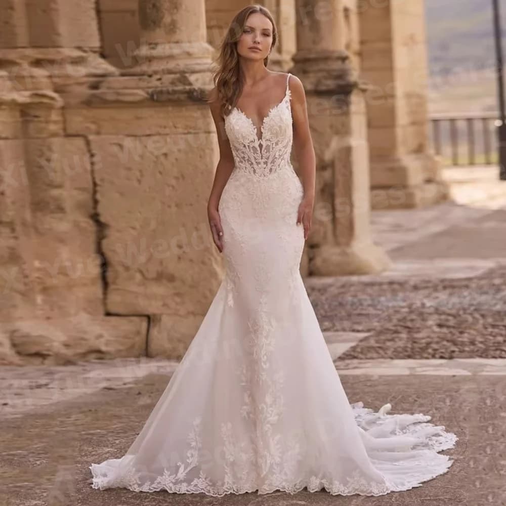 Gorgeous Mermaid Women's Lace Appliques Wedding Dresses Vestido De Novia Spaghetti Straps Bride Gowns Customized Robe De Mariée
