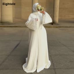Eightale Arabic Wedding Dress Customized Ivory Satin Appliques Lace Muslim Long Sleeves Buttons Bridal Gown Bride Party Dress