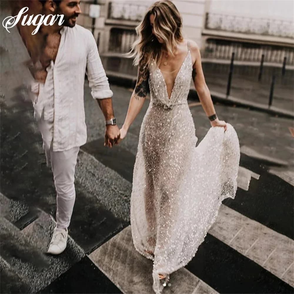Sparkly Illusion Neck Lace Wedding Dress Backless Sequin Bridal Gown Glitter V Neck Spaghetti Strap Wedding Gown vestido novia