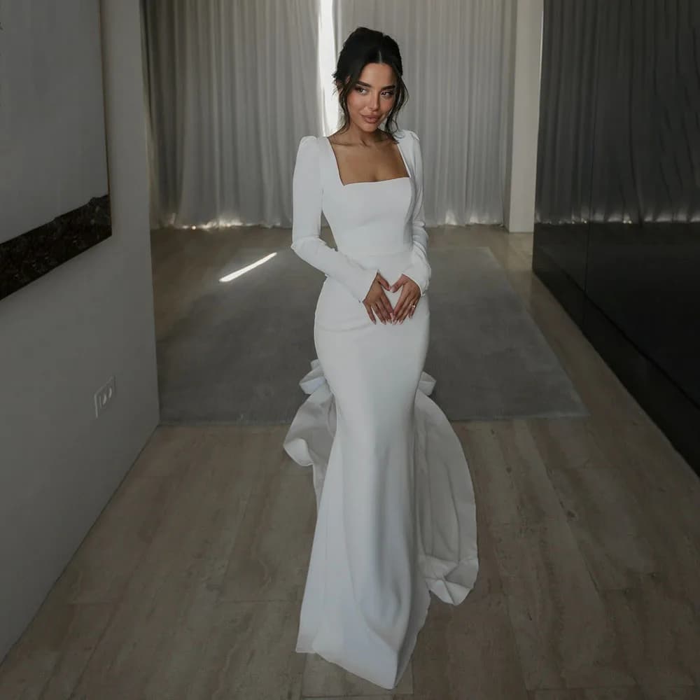 Customized Elegant Wedding Dresses 2026 Mermaid Long Sleeve Bridal Gown Square Neck Button Court Train Classic Bride Dress
