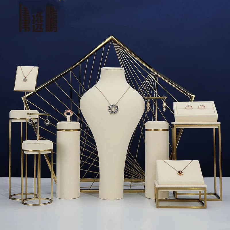 luxurious beige jewelry display organizer set jewelry store window showcase prop Metal Rack ring earring holder necklace modle