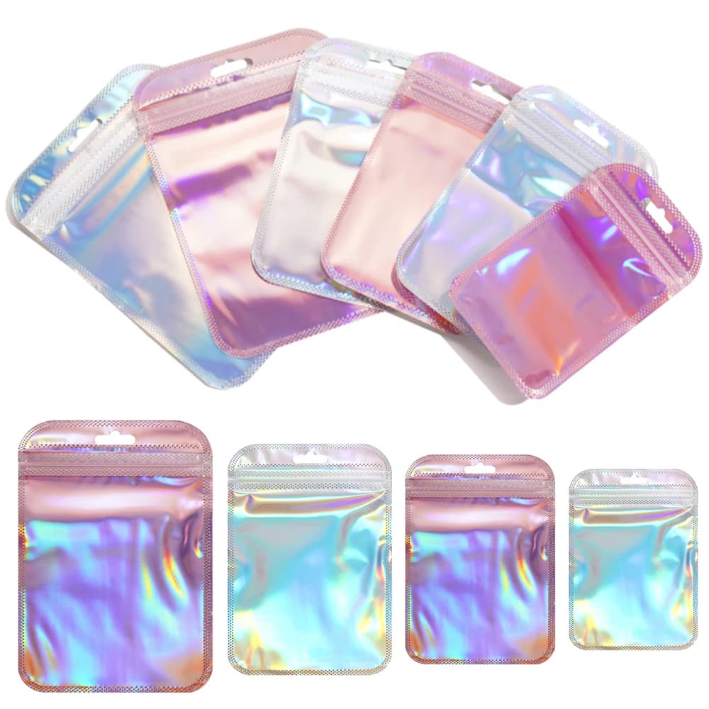 50pcs/Lot Iridescent Zip Lock Bags Transparent Laser Thicken Plastic Seal Bags for Jewelry Earrings Pendants Display Handicrafts