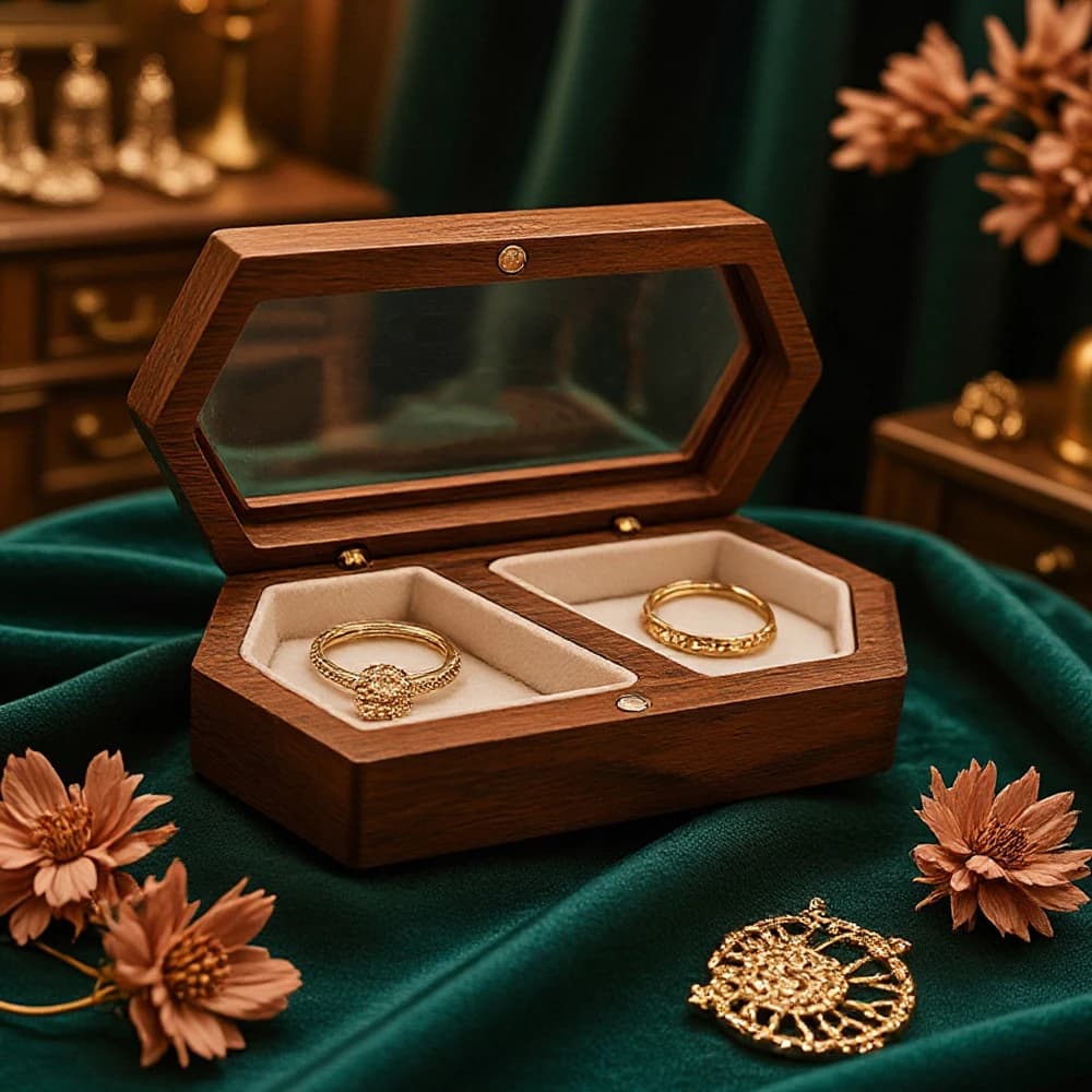 Vintage Hexagon Wooden Ring Box for Men Women Luxury Velvet Lined Jewelry Storage Organizer Engagement Ring Holder Proposal Gift