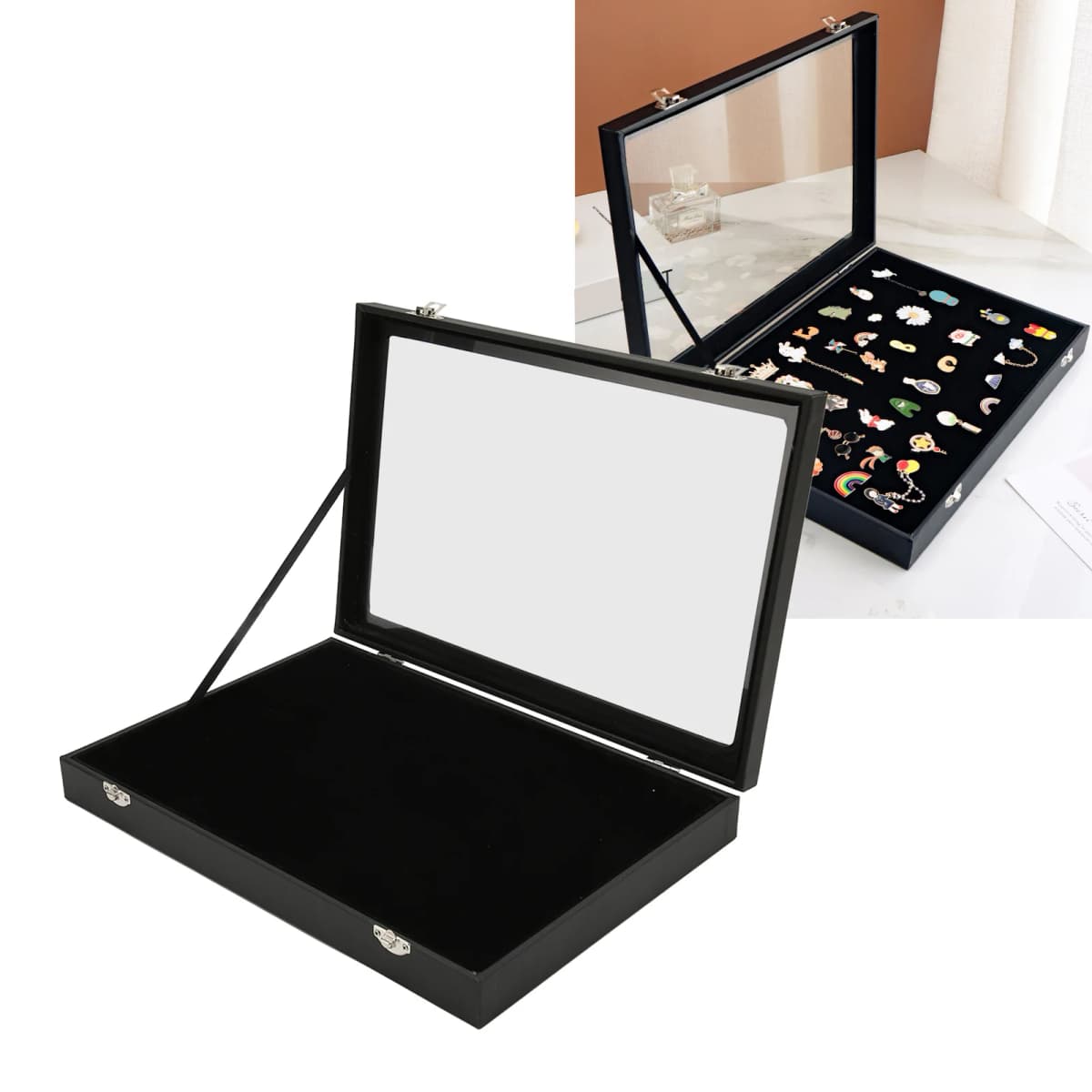 jewelry box Pin Display Case Transparent Dustproof Pin Shadow Box for Military Medal Jewelry Pin Badge Collection Black