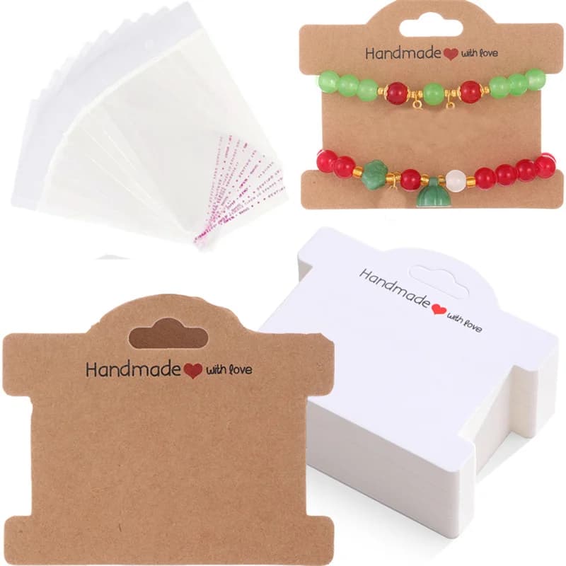 20sets 9.7x8cm Paper Bracelets Display Holders With Self Adhesive Bags Necklace Cards Organizers Cardboard For Jewelry Packaging