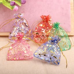 50pcs Rose Organza Jewelry Bags 9x12cm Wedding Party Christmas Candy Gold Color Drawstring Packaging Pouches