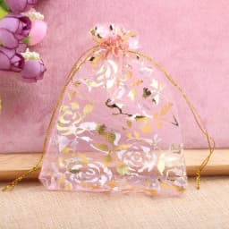 50pcs Rose Organza Jewelry Bags 9x12cm Wedding Party Christmas Candy Gold Color Drawstring Packaging Pouches