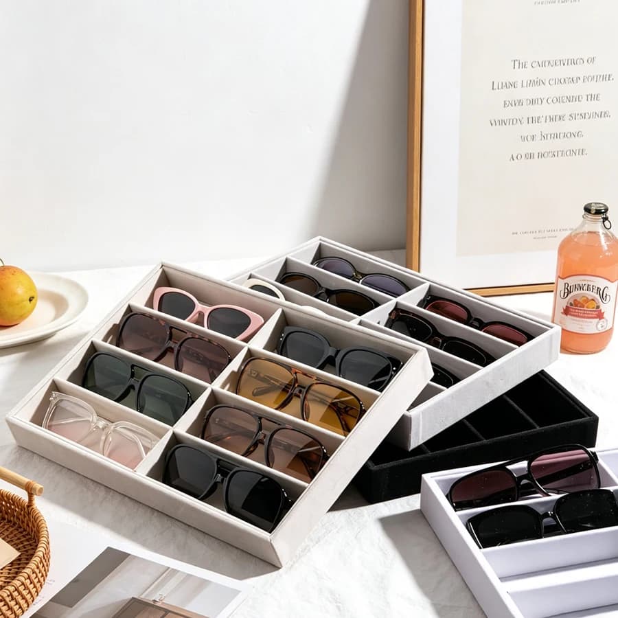A Multi-Specification Eight-Slot, Six-Slot, Four-Slot Grey and Beige Jewelry and Sunglasses Display, Storage and Organizing Box