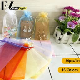 50pcs/lot Colorful Organza Bag 7x9cm 9x12cm 10x15cm Gift Wedding Packaging Display Jewelry Tulle Drawstring Bags Jewelry Pouches