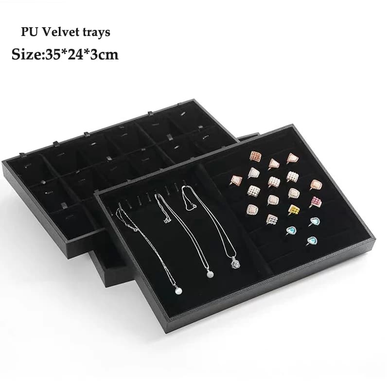 PU Black Velvet Jewelry Tray Jewellery Organizer Storage Box Watch Holder Necklace Ring Earring Pendant Stand Series For woman