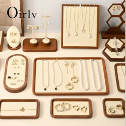 Oirlv Wooden Display Stand Set Beige Velvet Jewelry Ideal for Jeweler & Home Organizer for Necklaces Rings, Earrings, Bracelets