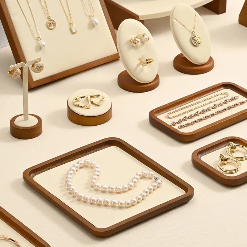 Oirlv Wooden Display Stand Set Beige Velvet Jewelry Ideal for Jeweler & Home Organizer for Necklaces Rings, Earrings, Bracelets