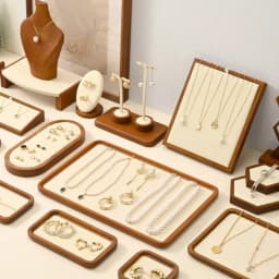 Oirlv Wooden Display Stand Set Beige Velvet Jewelry Ideal for Jeweler & Home Organizer for Necklaces Rings, Earrings, Bracelets