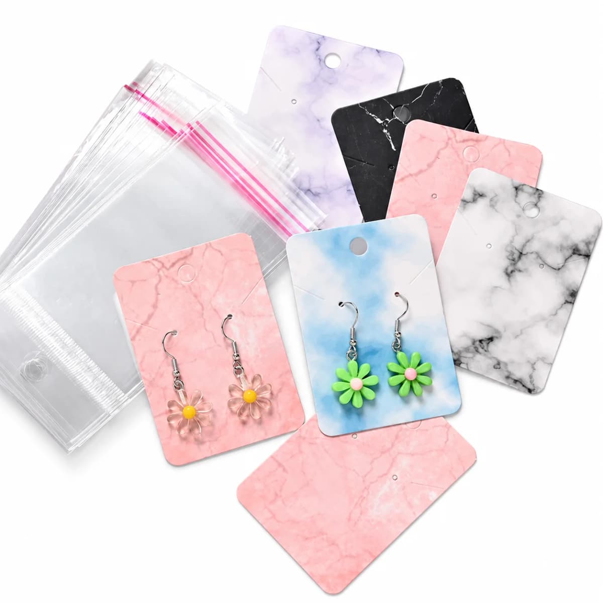 200pcs Earring Display Card Set Marble Design Paper Card Tags with Transparent OPP Bag Suitable for Earrings Jewelry Storage