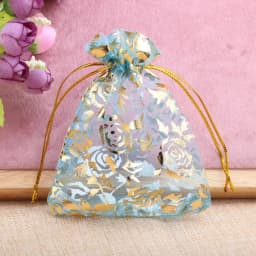 50pcs Small Rose Organza Jewelry Bags 7x9cm Wedding Party Christmas Candy Gold Color Drawstring Packaging Pouches Wholesale