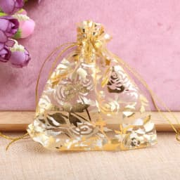 50pcs Small Rose Organza Jewelry Bags 7x9cm Wedding Party Christmas Candy Gold Color Drawstring Packaging Pouches Wholesale