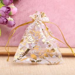 50pcs Small Rose Organza Jewelry Bags 7x9cm Wedding Party Christmas Candy Gold Color Drawstring Packaging Pouches Wholesale