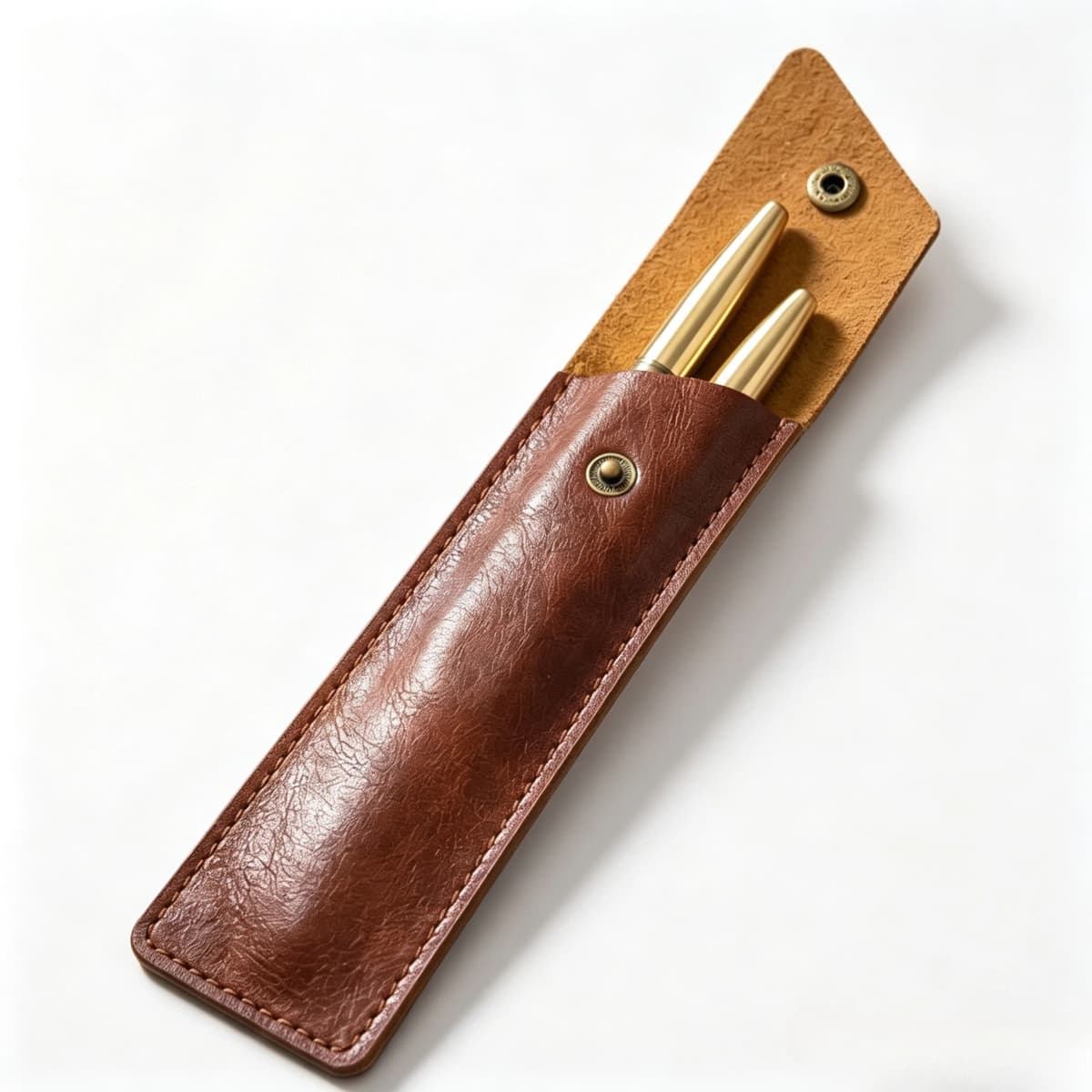Thin‑Style High‑quality PU Leather Pen Storage Pouch, Hand Sewn Edge, Metal Snap‑Button Two‑slot Lightweight Portable Pen Holder