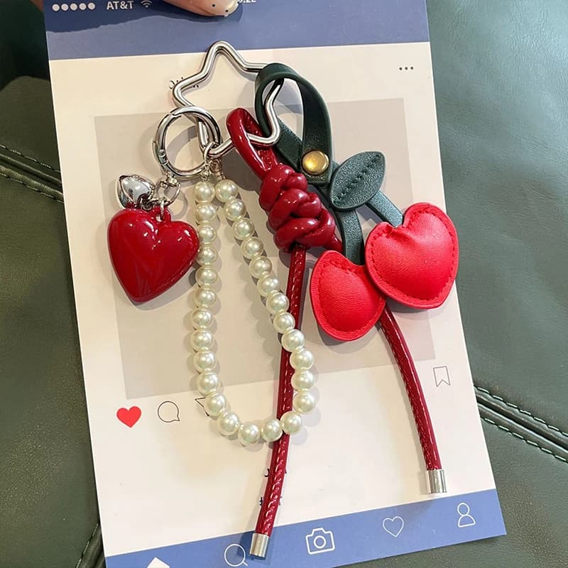 Y2K Leather Rope Red Cherry Keyring Pearl Beads Bag Key Chain Charm Pendant Women Trendy Keychain Decoration