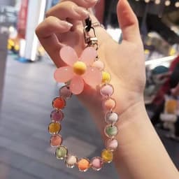 Homefish Ins Kawaii Flower Beaded Phone Wrist Lanyard Macaron Round Bead Anti-lost Keychain Short Mobile Phone Pendant