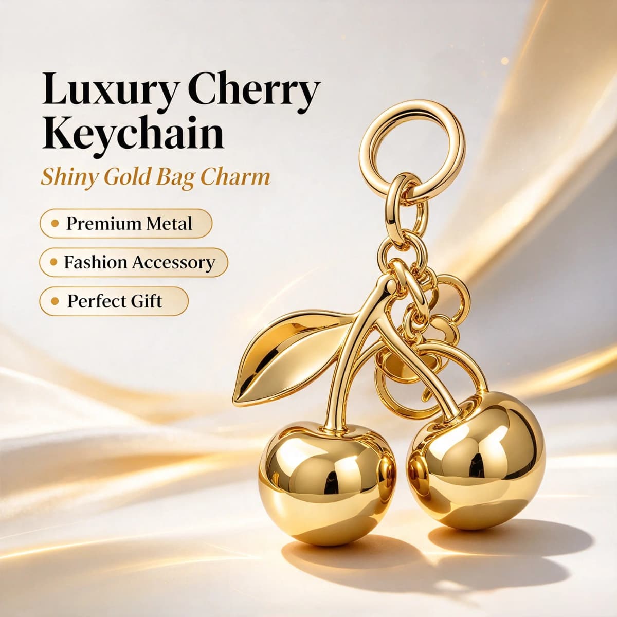 Fashion Gold Cherry Keychain Metal Cherry Bag Ornament Women Handbag Decor Car Key Ring Bag Pendant Accessory Gift