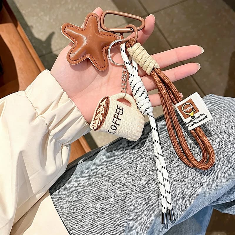 Bag Charm Cartoon Linen Embroidery Coffee Cup Pendant Lightweight Portable Cute Keychain for Backpack DIY Decor Charm Accessorie