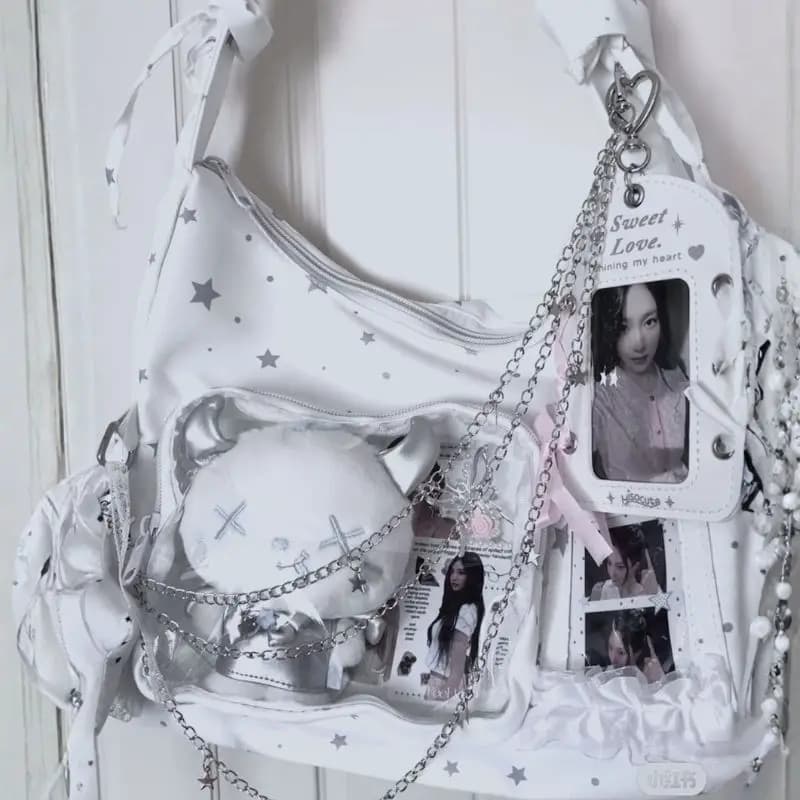 Star Print Itabag Transparent Window Hobo Bag Ruffle Pleated Shoulder Strap Purse Kpop Idol Photocard Display Bag Casual Bag