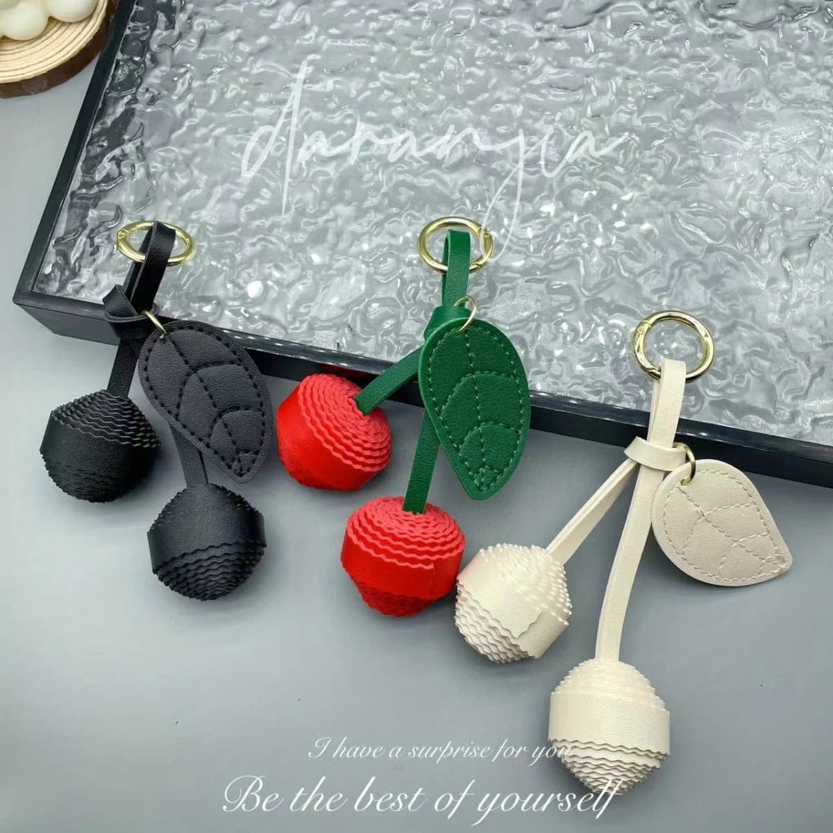 Small Cherry Ball Bag Decoration PU Woven Ball Ornament Personalized Bag Hanging Accessories Women's Bag Pendant Creative Gift