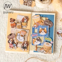 JIANWU Fuzzy Embroidery Cuties Series Kawaii Cat Dog Pet Landscape Material Collage Sticker Creative DIY Journal Stationery