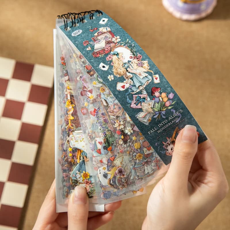Journal GO 50pcs Die-cut Alice's Wanderland Waterproof PET Stickers for Bottle Cup Journaling Card Planner Decor Scrapbook Decor