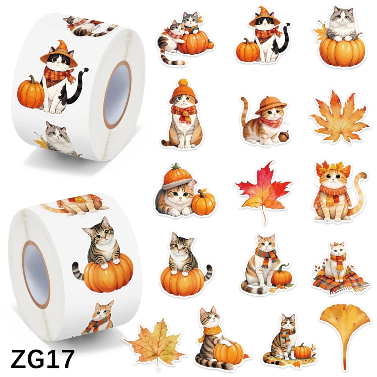 500Pcs /1 Rolls 2.5cm/1inch Autumn Maple Leaves and Cats Sticker Decoration Gift Box Sticker Label Stationery Sticker
