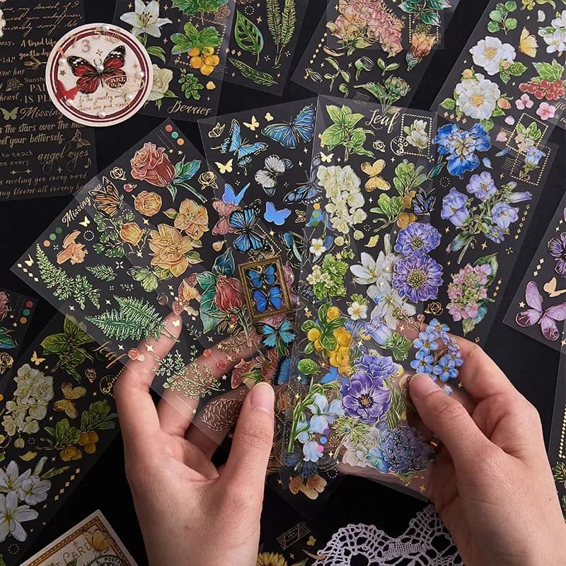20 Sheets/pack Flowers Plants Letters PET Hot Stamping Gilding Stickers Journal Scrapbook Hand Ledger Decorative Material