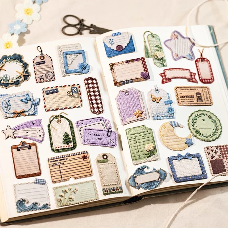 Journal GO 15pcs Vintage Woven Style Stickers, Embossed Hard Card Tags & Labels for Scrapbooking, Journaling, Planners & Crafts