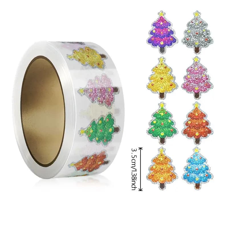 500Pcs Christmas Tree Stickers Roll Laser Green Pine Tree Seal Stickers Xmas Waterproof Self-Adhesive Decals for Envelope