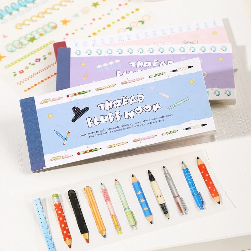Journal GO 24pcs Thread Fluff Nook PET Stickers Lace Line Coil & Pen Decals for Journaling Scrapbooking Mobile Card DIY Crafts